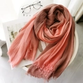 Linen blend gradient scarf in coral pink and light coffee with frayed edges - Peach Pink + Khaki