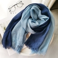 Gradient blue linen cotton scarf for women with elegant fringe and soft fabric texture - Light Blue + Royal Blue