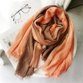 Chic cotton linen gradient scarf in orange and dark brown with fringed edges - Coral Orange + Coffee