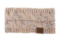 Detail of cable knit headband in beige with colorful specks and brown leather brand label - Pink Confetti