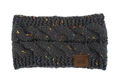 Macro view of cable knit winter headband in dark gray with speckled multi-color details - Deep Grey Marl