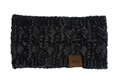 Macro shot of thick twist knit texture on black and grey winter ear warmer with leather tag - Black and Grey