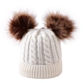 White knit baby beanie with two brown pom-poms and warm winter cable-knit texture - Kid / Kid White
