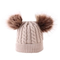Beige cable knit baby beanie with double brown faux fur pom poms for winter warmth - Kid Khaki