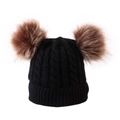Detailed knit pattern texture of black winter hat with fluffy brown faux fur pom poms - Kid / Kid Black