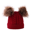Winter warm knitted baby hat with red cable twist pattern and two fluffy pompoms - Kid / Kid Red