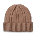Macro shot of dark camel ribbed knit texture on a warm winter beanie hat for kids - Khaki