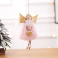 Angelo di Natale in peluche rosa con ali dorate e gambe di perline di legno per l'albero - Rosa