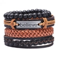 Classic 4-piece set of men's vintage leather bracelets with 'believe' metal charm - Black & Brown Combination