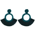 Detail of bohemian fan-shaped beaded earrings with silk tassel in dark teal blue - Green