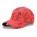 Close-up of red camouflage suede baseball cap featuring a structured six-panel design - Adjustable / Red Camouflage