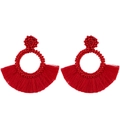 Bohemian style red beaded earrings with fan shaped silk fringe tassels on white background - Red