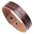 Brown leather heartbeat bracelet with engraved EKG pattern and adjustable snap buttons - Coffee