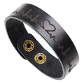 Black leather heartbeat bracelet for couples with vintage brown engraved ECG heart patterns - Black