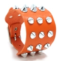 Punk orange leather bracelet with three rows of silver cone spikes and adjustable buckle - Orange Red