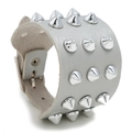 Grey faux leather punk bracelet featuring three rows of silver metallic spiked studs - Gray
