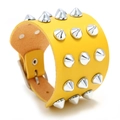 Punk style bright yellow faux leather bracelet with silver cone studs and buckle - Yellow