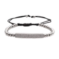 Detail of micro-paved zircon bar on adjustable black braided crown bracelet - Silver with White Zircon