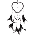 Handcrafted black double heart dreamcatcher with feathers and beads on white background - Black