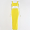Detail of yellow ribbed knit crop top and high waist slim fit maxi skirt set on mannequin - S / Yellow