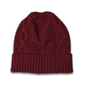 Women's warm cable knit beanie hat in deep wine red color with ribbed fold-over cuff - Adult / Burgundy