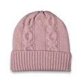 Detail of pink cable-knit beanie featuring chunky knit texture and ribbed cuff - Adult / Pink