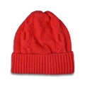 Red cable knit beanie with wide rolled cuff for winter warmth on white background - Adult / Red