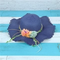 Women's navy blue straw sun hat with wavy lace brim and floral accent for summer travel - M (56-58cm) / Navy Blue