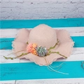 Pink wide brim straw sun hat with floral decor and wavy lace edges for beach vacation - M (56-58cm) / Light Pink