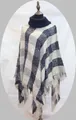 Navy and grey plaid poncho sweater with turtleneck and fringe detail - One Size / Navy and Grey Plaid