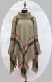 Women's turtleneck knit poncho in khaki with red and black plaid pattern and tassel hem - One Size / Camel Red and Black Plaid