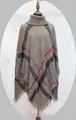 Dark grey and red plaid turtleneck knit poncho sweater with fringed hem for women - One Size / Brown Beige Red and Black Plaid