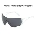 Y2K rimless sports sunglasses with white frame, grey lenses, and rhinestone star detail - White Frame Dark Grey Lens
