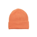 Detail der hochdichten Rippenstrickstruktur und des Umschlag Saums am orangefarbenen Beanie - Orange