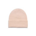 Vista dettagliata di un berretto in maglia a costine rosa chiaro per bambini con risvolto - Beige