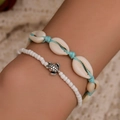 Bohemian beach bracelet set with natural shells and silver turtle charm for summer - Blue Rope Turtle Style (47 Blue Rope 11773)