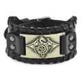Retro punk black leather bracelet with bronze dragon totem and celtic knot buckle - Genuine Leather Antique Bronze