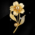 Elegant matte gold flower brooch with pearls and sparkling crystals on black background - No. 41-Gold Matte Double Pearl Flower