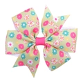 Close-up of light green floral grosgrain ribbon bow hair clip with pink center - Light Green Floral (20)