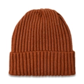 Detail view of orange ribbed knit beanie showing soft wool texture and wide folded cuff - Caramel color