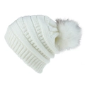 Gorro de punto blanco para invierno con pompón grande de piel sintética y textura acanalada - Blanco