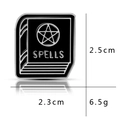 Detail of black enamel spell book pin with silver pentagram and size measurements - Spell Book