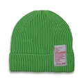 Close-up of bright green knitted beanie showing ribbed texture and vintage logo patch - Green