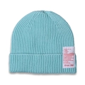 Detail of light blue ribbed knit beanie with fabric label for winter warmth - Sky Blue