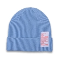 Light blue ribbed knit beanie for kids featuring a stylish white rectangular graphic patch - Denim Blue