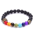 Black lava rock beads bracelet with seven chakra stones and bronze heart charm - Lava Rock 7 Chakra Bronze Paw Heart Style (004)