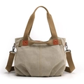 Minimalist large canvas tote bag in khaki finish with brown straps and top handle - Khaki