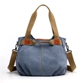 Large blue canvas shoulder bag with brown straps and reinforced leather detailing - Haze Blue