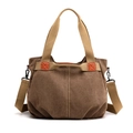 Retro canvas tote bag in dark brown with khaki straps and detachable shoulder strap - Coffee