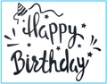 Black cursive Happy Birthday sticker with party hat and stars for balloons and events - Birthday 09 / Black